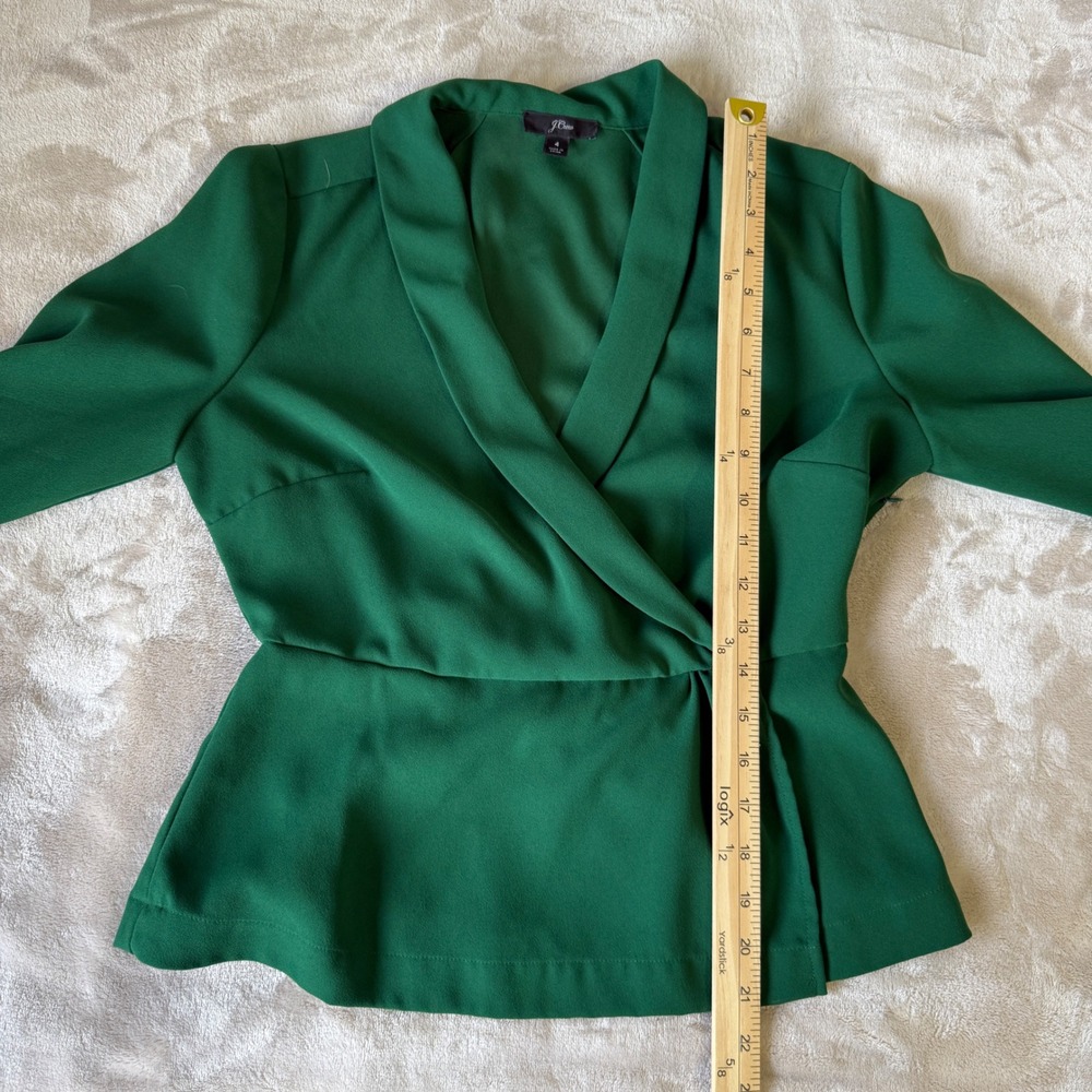 J. Crew Emerald Green Faux Wrap Peplum Blouse Size 4 Long Sleeve - Picture 5 of 8